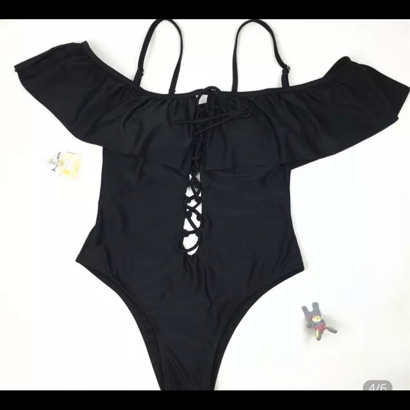 Black Ruffle Lace Up Swimsuit - Picture 5 of 6